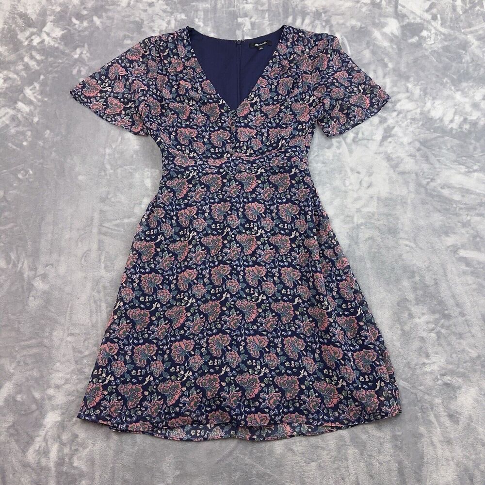 Madewell Orchard Flutter Sleeve Dress in Fan Floral Mix Blue Women's Size 00
